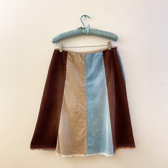 Vintage 90s Ruth Corduroy Patchwork Midi Skirt Striped Cotton Brown Blue - Picture 4 of 11